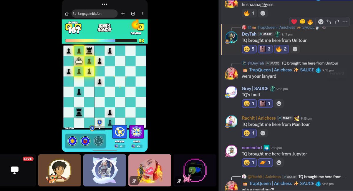 where you at? we gamin KG style in <a href="/AnichessGame/">Anichess</a> discord fam, win a $CHECK pass while at it 😉🔥

<a href="/QueenOfYours/">Grey | SAUCE</a> <a href="/iamxcloudx/">xCloudx | SAUCE |</a> <a href="/DeyTah13/">DeyTah | $CHECK</a> <a href="/MarcMyMove/">MarcMyMove | SAUCE |</a>