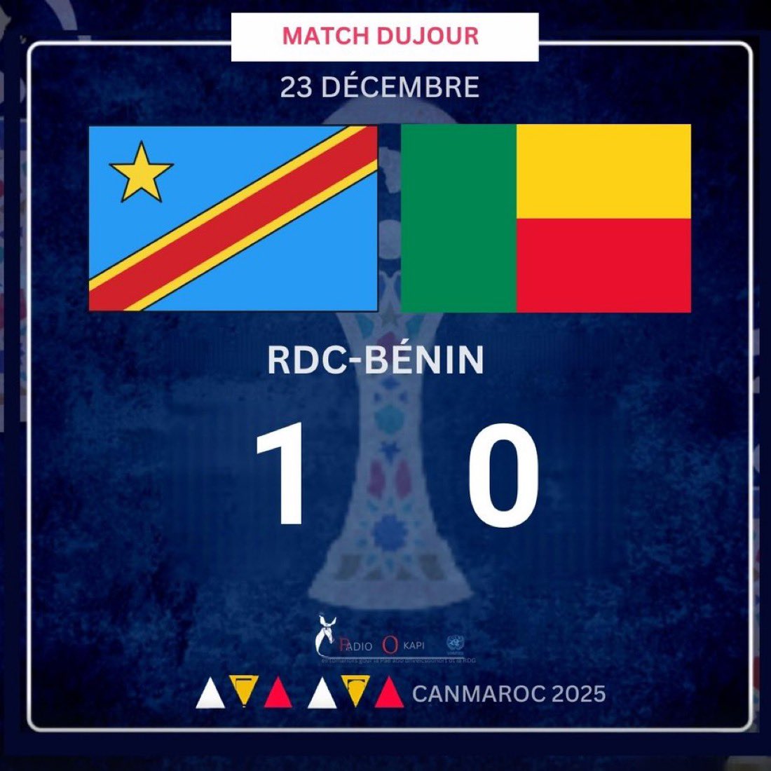 RDC-Bénin : les Léopards de la RDC mènent 1-0 grâce à un but marqué par Théo Bongonda à la 16e minute.