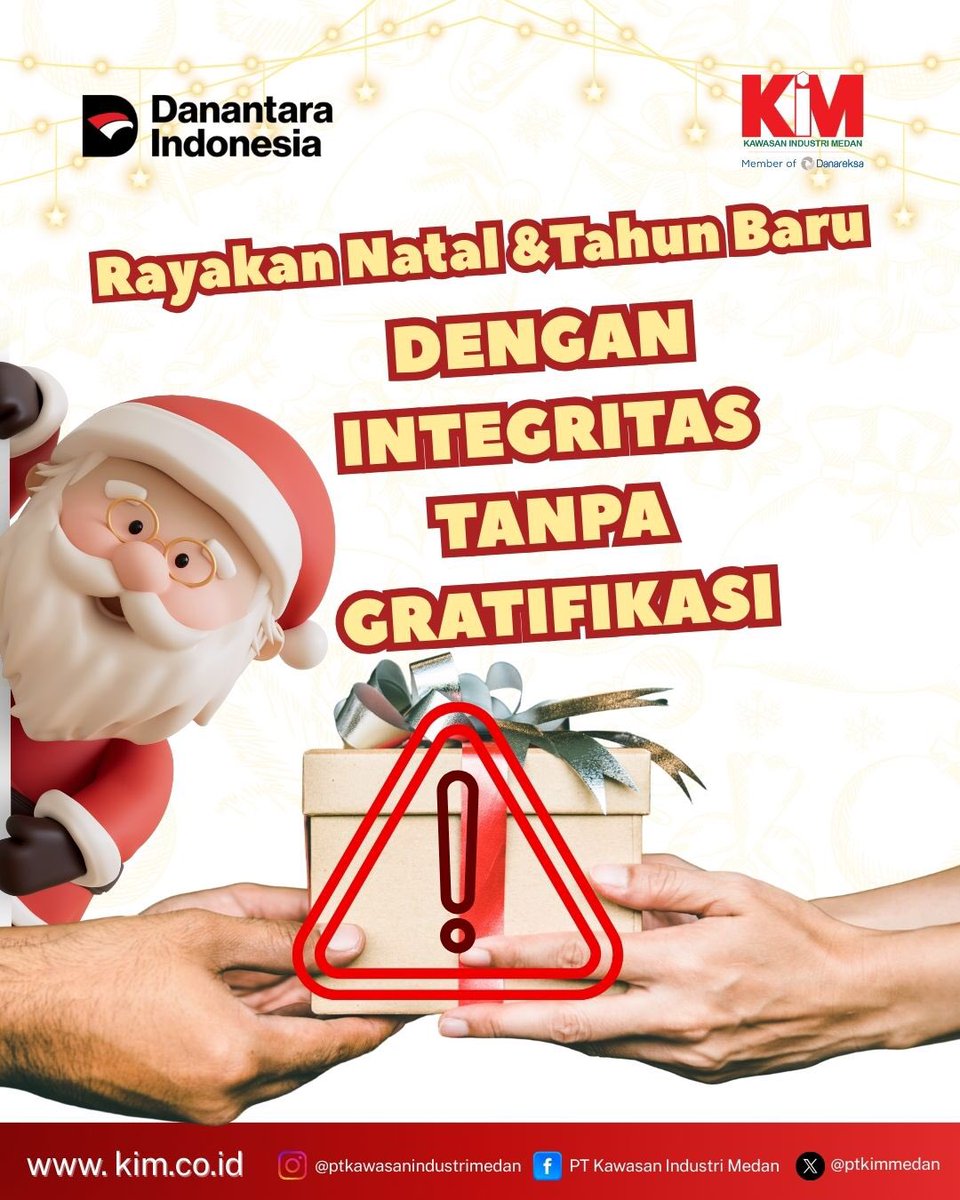 Hai #Kimers mari rayakan Hari Natal dan Tahun Baru dengan hati yang bersih dan penuh suka cita serta berintergritas🎄.

PT KIM berkomitmen mewujudkan perayaan Natal yang bersih, jujur dan tanpa gratifikasi sebagai bagian dari budaya antikorupsi.

#PTKIM
#BUMNHoldingDanareksa