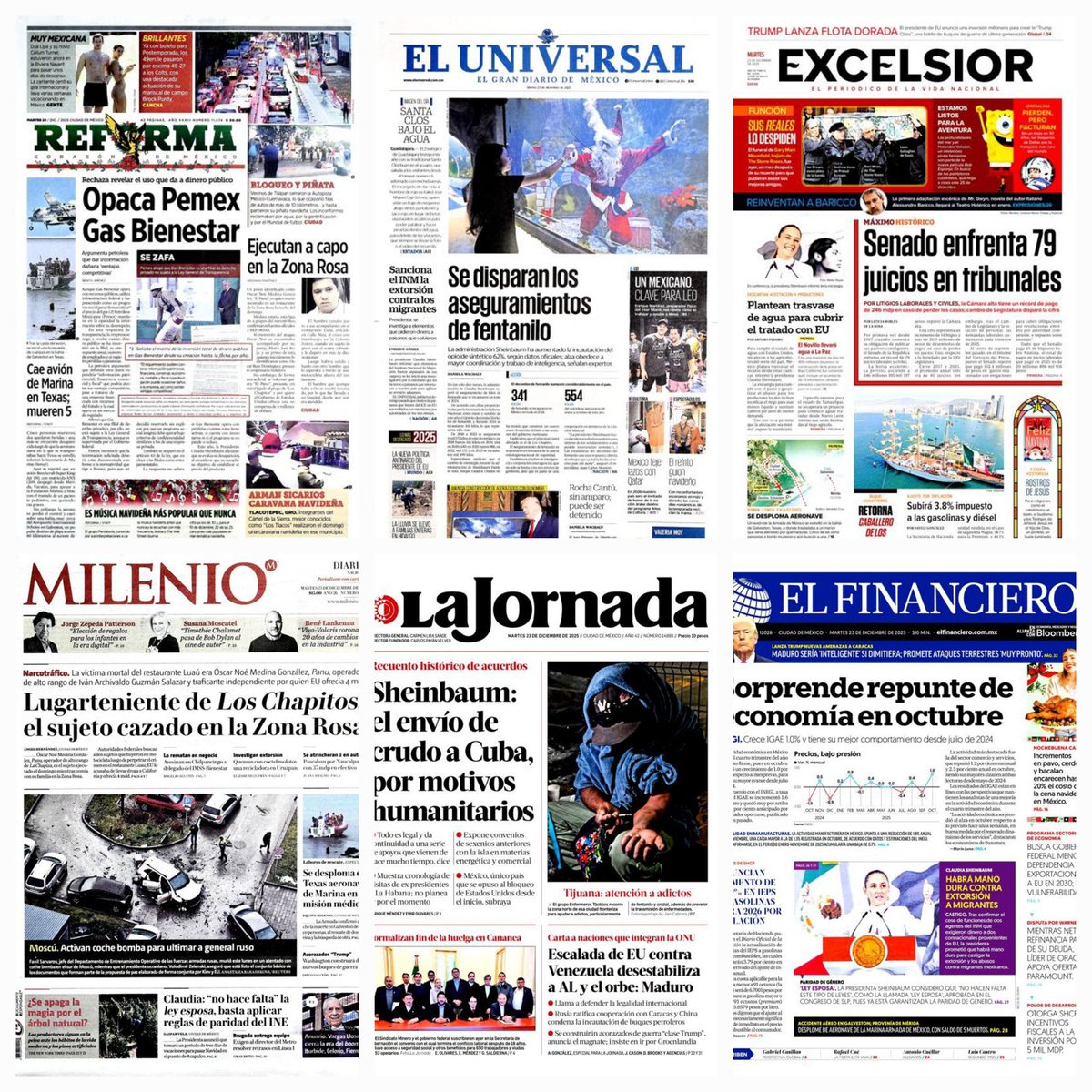 Prensa en México ... #Reforma #ElUniversal #Excélsior #Milenio  #LaJornada #ElFinanciero #23diciembre2025