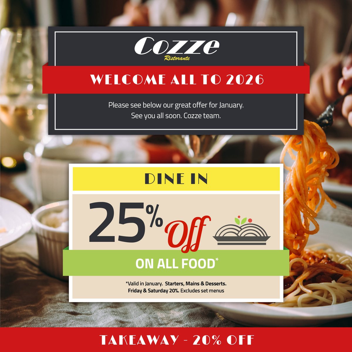 To celebrate the New Year, enjoy 25% OFF ALL FOOD throughout January at Cozze! It’s the perfect excuse to dine out more, enjoy your favourites, or try something new. Happy New Year!

#pangbourne #woodley #PangbourneVillage #VisitPangbourne #WoodleyVillage
