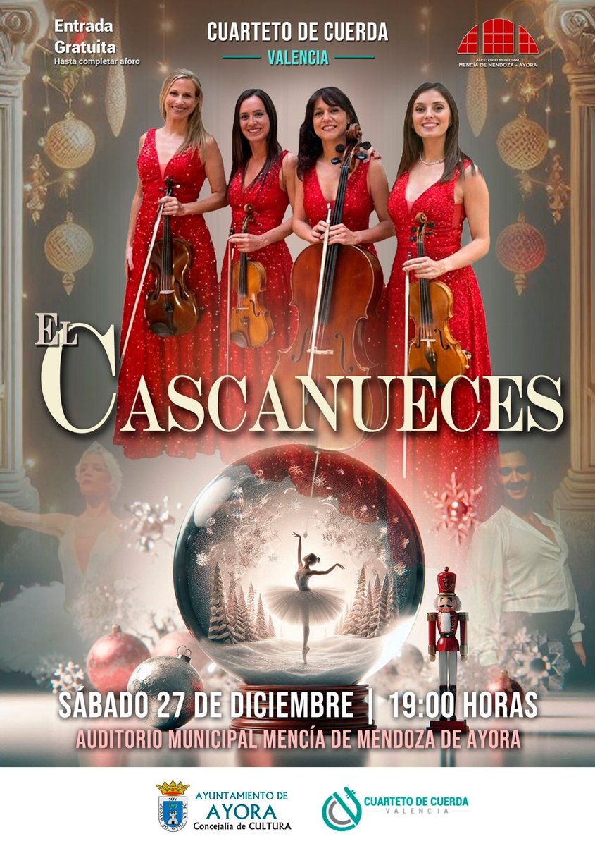 Cascanueces - Cuarteto de Cuerda Valencia
🗓️Sábado 27 de diciembre, a las 19:00h.
🏛️Auditorio Municipal de #Ayora
➡️Entrada gratuita hasta completar aforo
ℹ️+info: ayora.es/es/noticia-eve…