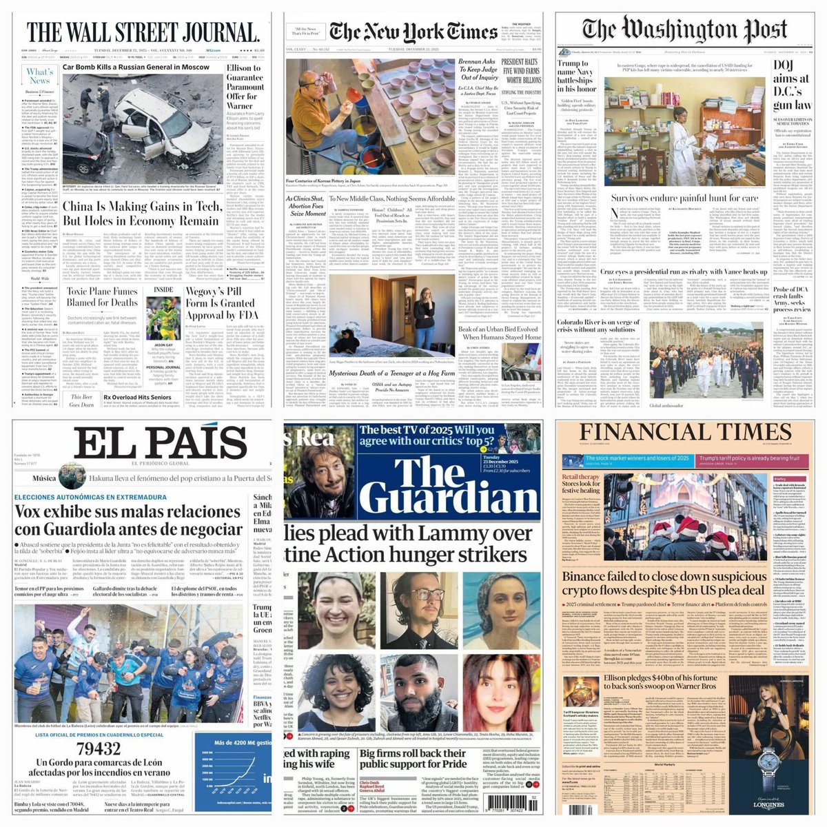 Periódicos en el mundo... #TheWallstreetJournal #Thenewyorktimes #Thewashingtonpost #TheGuardian #ElPaís #Financialtimes #news #newspaper #december23