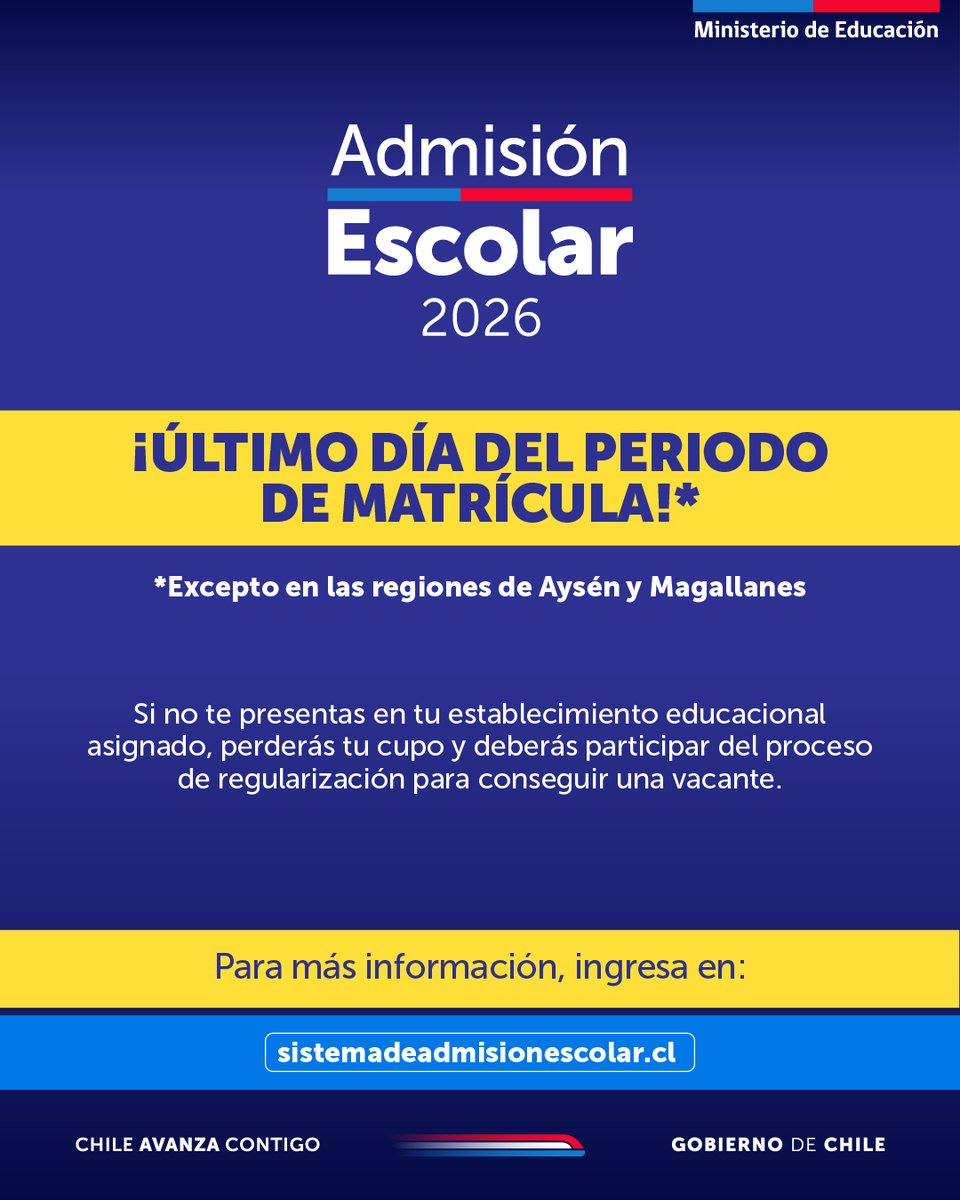 Importante 📢 ¡Hoy finaliza el período de matrícula de Admisión Escolar 2026, con excepción de Aysén y Magallanes!

Infórmate más en sistemadeadmisionescolar.cl