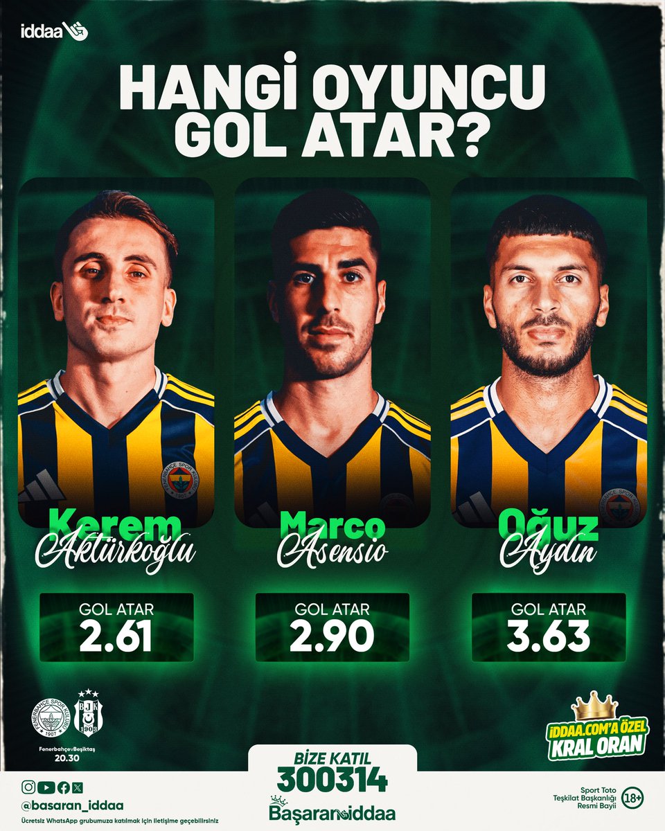 Sizce hangi Fenerbahçe oyuncusu derbide gol atar?

✏️ Yoruma yaz
🧐 2 arkadaşını etiketle ve sayfayı takip et
👑 Kral Oran coşkusuyla derbi heyecanına ortak ol!

#iddaa #fenerbahçe #besiktas #bahis #futbol #kraloran