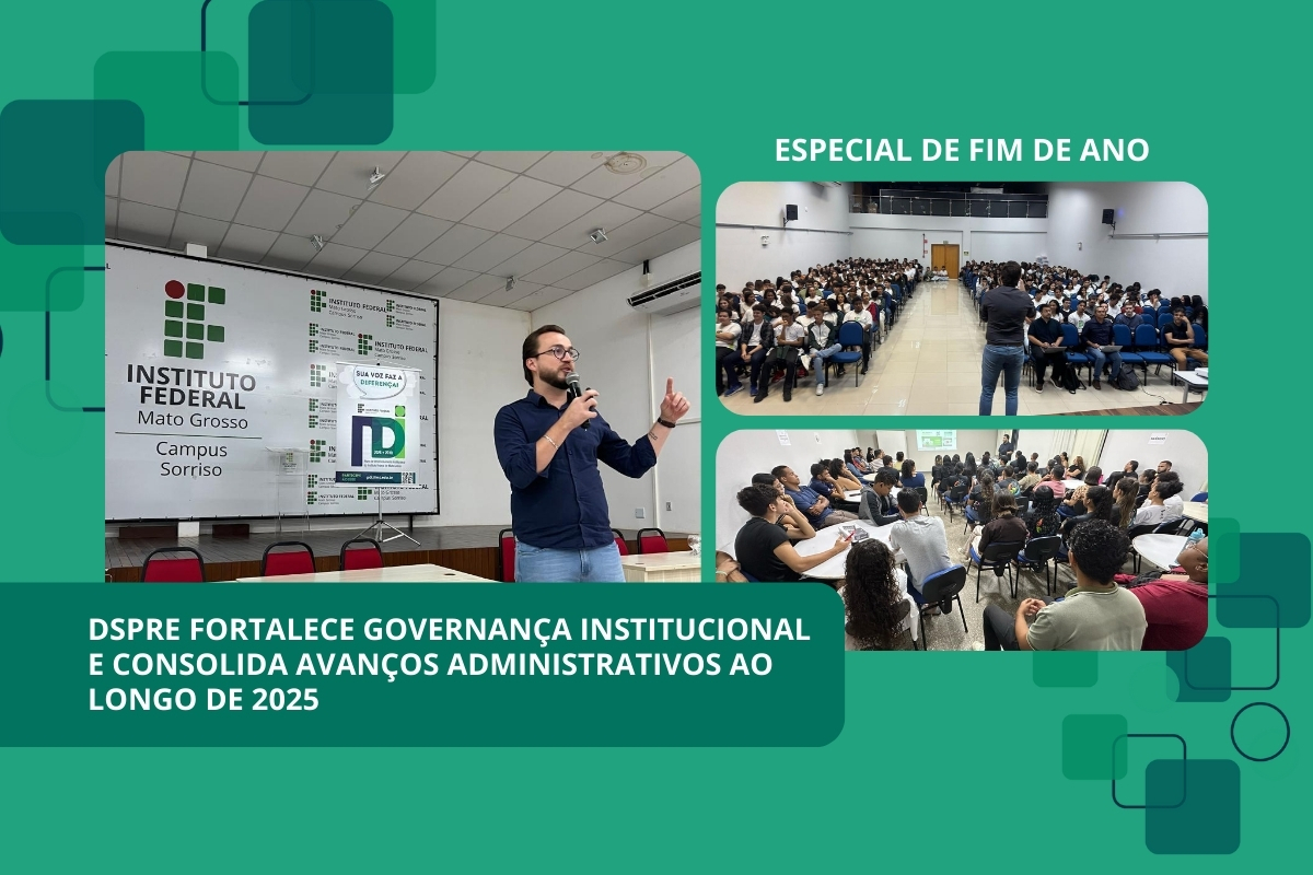 📊 RETROSPECTIVA 2025 | GESTÃO E GOVERNANÇA

🏛️🔎 Em 2025, a Diretoria Sistêmica de Planejamento e Regulação da Educação (DSPre) fortaleceu a governança institucional do IFMT, ampliando a integração entre Reitoria e campi.

💬 Leia a matéria no site: ifmt.edu.br