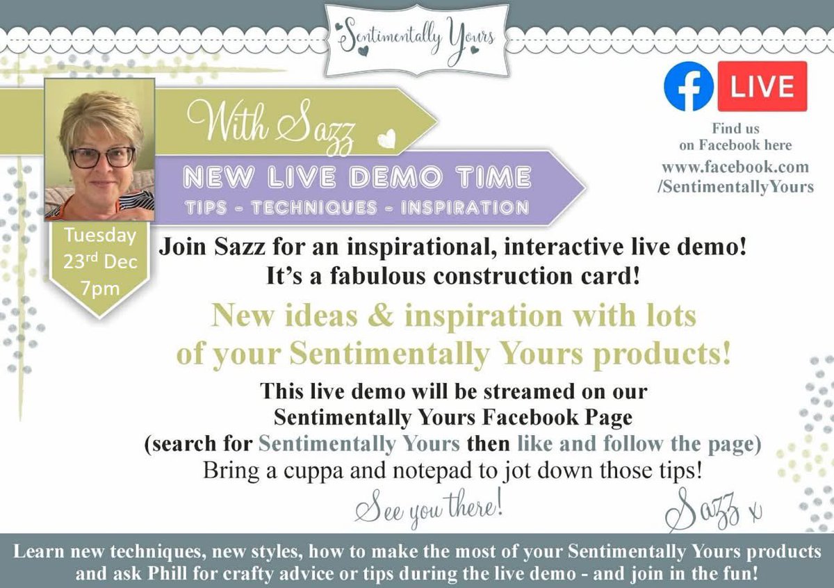 Join Sazz this evening over on the Sentimentally Yours page for some fun, chat and of course crafting.  

See you at 7pm... xx