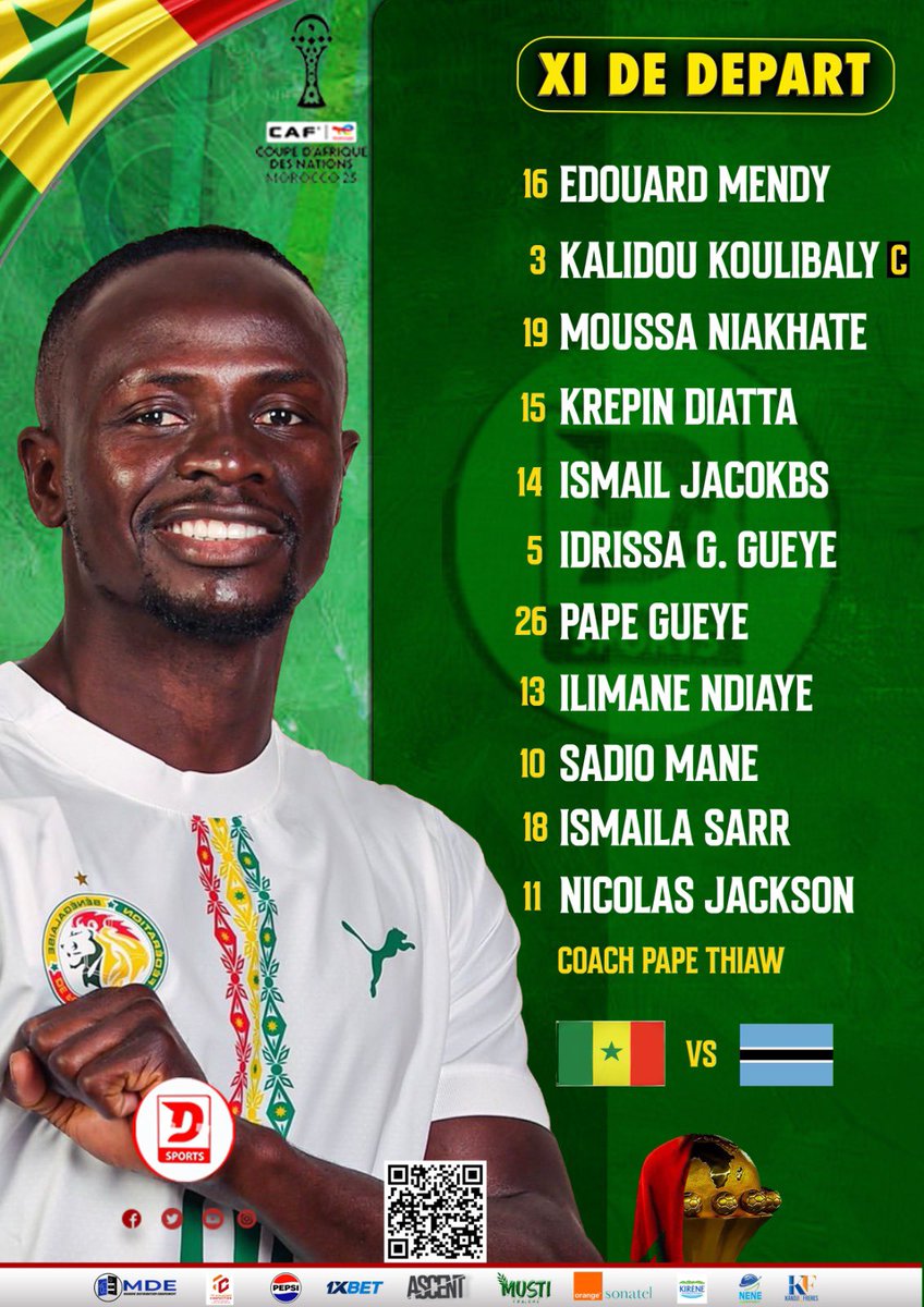 Dsports1_sn's tweet image. 🦁🇸🇳 Onze de départ du Sénégal 🇸🇳🦁

Gardien :
Édouard Mendy

Défense :
Krépin Diatta – Kalidou Koulibaly – Moussa Niakhaté – Ismaïla Jakobs

Milieu :
Idrissa Gana Gueye – Pape Guèye

Ligne offensive :
Ismaïla Sarr – Iliman Ndiaye – Sadio Mané

Avant-centre :
Nicolas Jackson