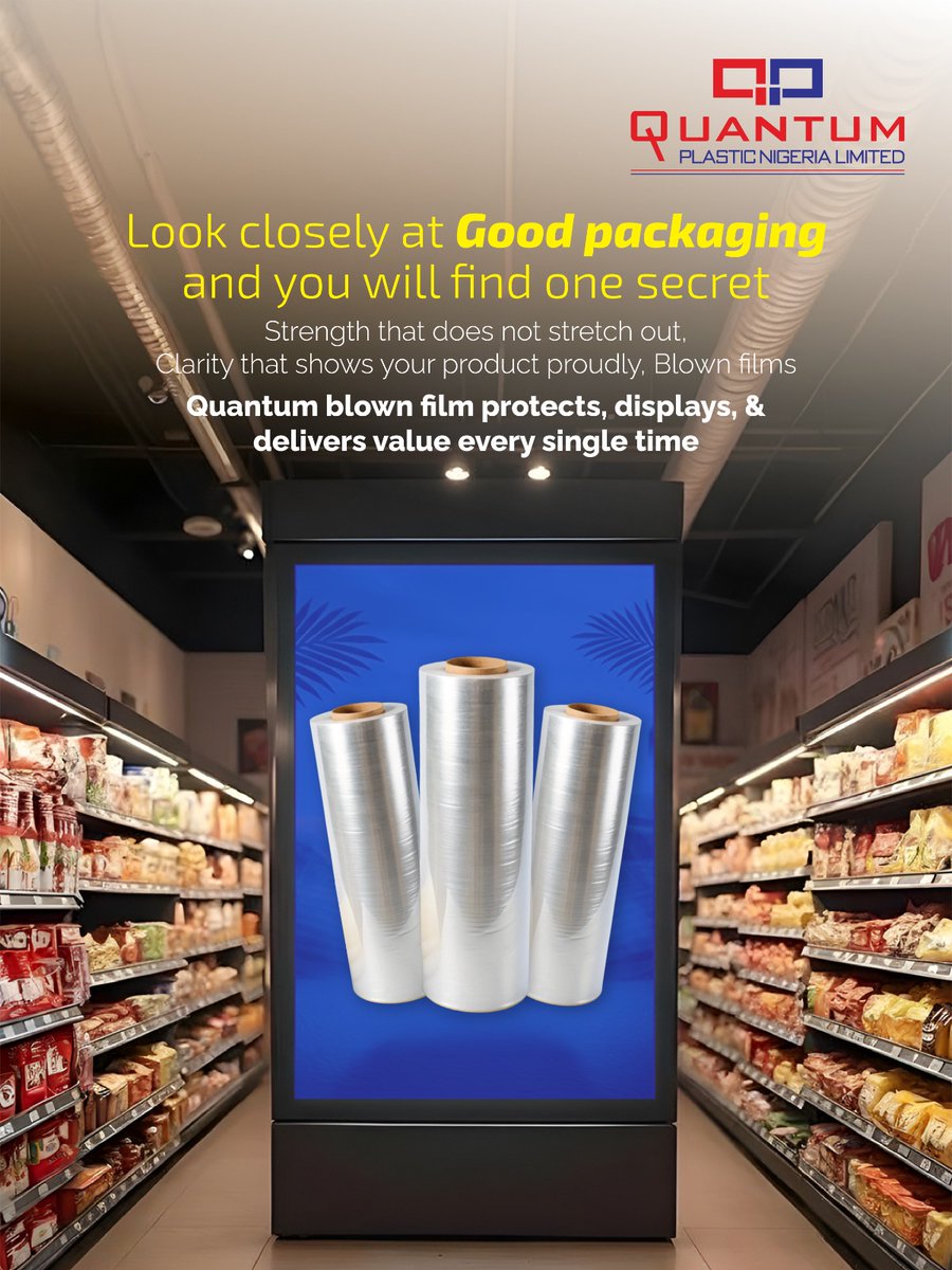QuantumGroupNig's tweet image. The right packaging does more than wrap a product, it helps it sell. Quantum Blown Film keeps your goods protected and shelf ready while making every product look its best.

Enquiries: vvineet@qpnlnig.com

#PEShrinkFilm #PackagingSolutions #ProductProtection #QuantumPlastic