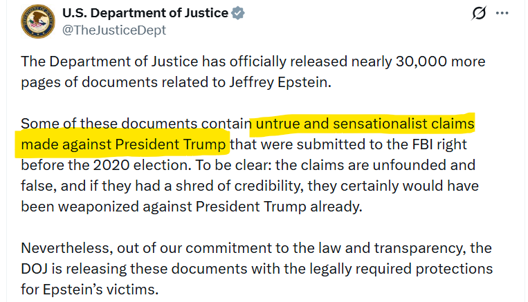 jamiedupree's tweet image. The Justice Department is complaining that it is being forced to release the details of 'untrue and sensationalist claims made against President Trump' in the Epstein Files.