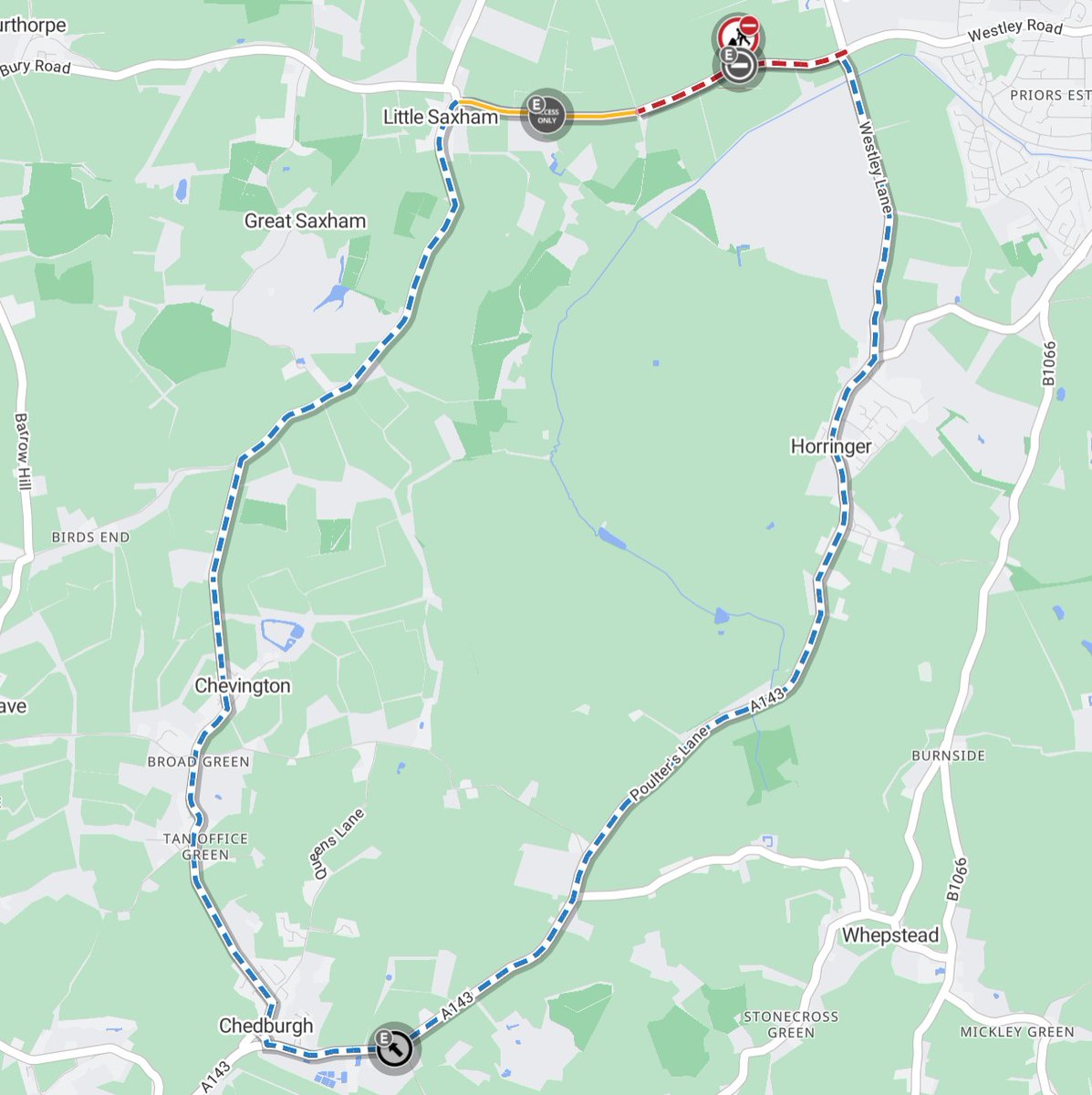 ⚠️ 𝙐𝙥𝙘𝙤𝙢𝙞𝙣𝙜 𝙬𝙤𝙧𝙠𝙨: Bury Rd, #LittleSaxham will be closed 10am-3pm Wed 24 Dec for road repairs.

Diversion via Westley Ln, A143, Chevington Rd, Chedburgh Rd, Mill Rd, New Rd and vice versa. Thank you for your patience during this time. #Suffolk