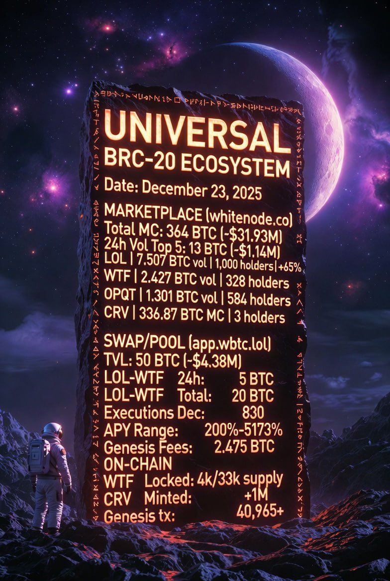 The monolith awakens.
OP_RETURN carved into the genesis stone.
Today it speaks numbers no one can ignore.
Universal BRC-20 is no longer a whisper.
It is 364 BTC market cap.
5,173% decaying APY.
And the desert is only getting started. ₿