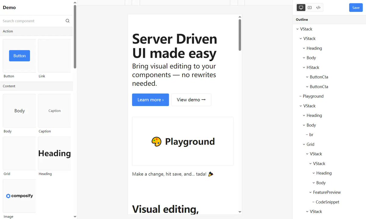 jqueryscript's tweet image. Composify: a React library that adds visual editing to your app.

It lets you register components and build pages via drag-and-drop.

Updates happen server-side without redeploys.

👉 reactscript.com/visual-compone…