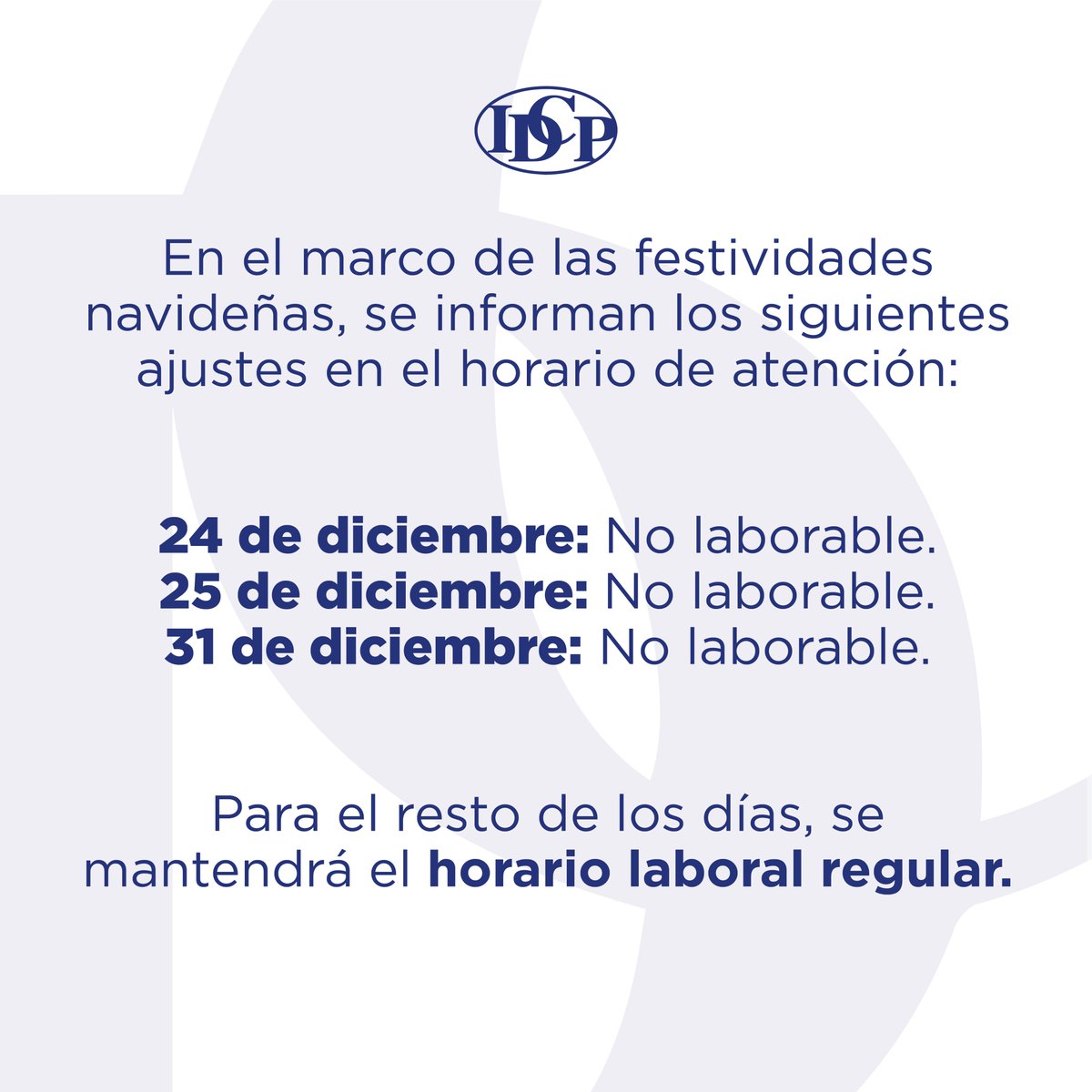 IDCP_rd's tweet image. Horario especial por las festividades.

Queremos que estés al tanto de nuestros horarios durante esta temporada navideña.

Agradecemos tu comprensión y te deseamos unas fiestas llenas de salud, bienestar y buenos momentos.

#HorarioEspecial #AvisoImportante #Navidad #IDCP