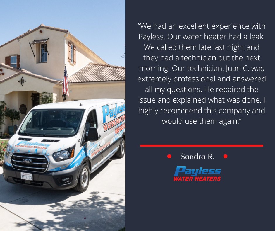PaylessH2oHeatr's tweet image. Huge thanks to Sandra R. for the great Yelp review! We’re glad Juan C. could respond quickly, take care of the leak, and clearly explain everything along the way. Fast, professional, and reliable service is what we aim for every time. 💦 #ProfessionalService #PaylessWaterHeaters