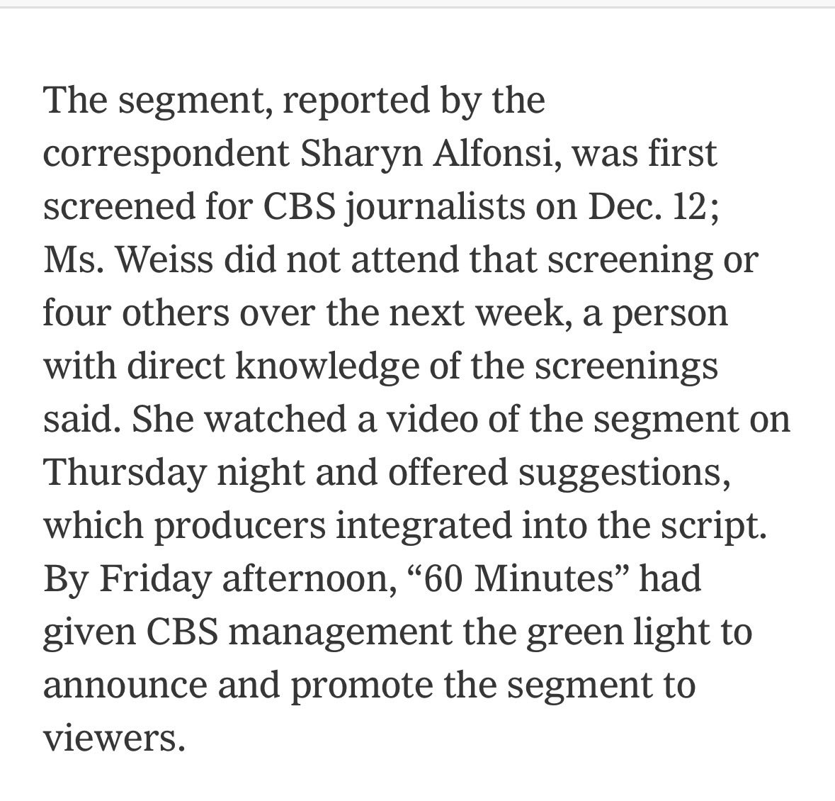 NPRinskeep's tweet image. New assertions in NYT account of Bari Weiss holding a 60 Minutes story:

1) That she didn’t show up. Could have weighed in 11 days ago. 

2) That she finally engaged Thursday, and made suggestions that staff incorporated. 

3) Then she made new demands late Friday. What changed?