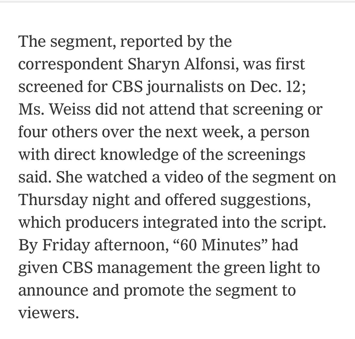 NPRinskeep's tweet image. New assertions in NYT account of Bari Weiss holding a 60 Minutes story:

1) That she didn’t show up. Could have weighed in 11 days ago. 

2) That she finally engaged Thursday, and made suggestions that staff incorporated. 

3) Then she made new demands late Friday. What changed?