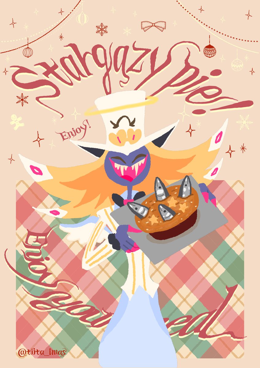 12/23スターゲイジーパイの日🌟🐟🥧
笑顔で作ってきてくれるペンシャス🐍
美味しいのかな〜〜？？ｱﾘｶﾞﾄﾈ...🥹
#hazbinhotelseason2 #SirPentious