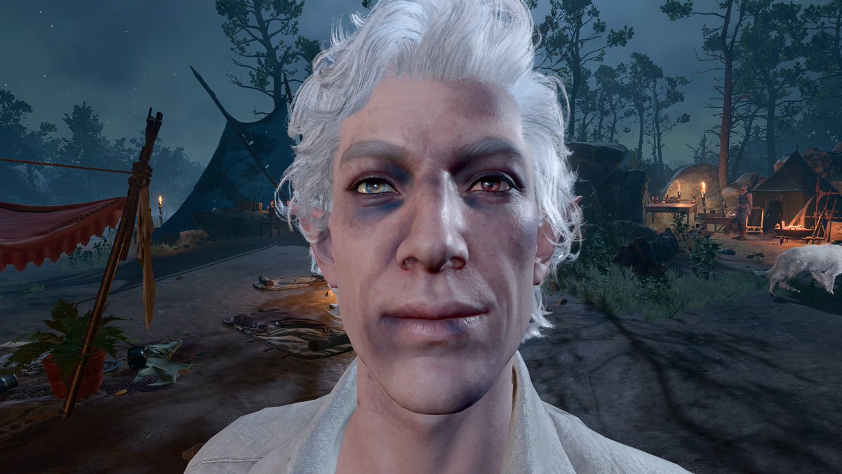 Mathishigami's tweet image. acho legal que no bg3 meu Astarion perdeu o olho e botou um substituto e o olho também mudou no modelo do personagem