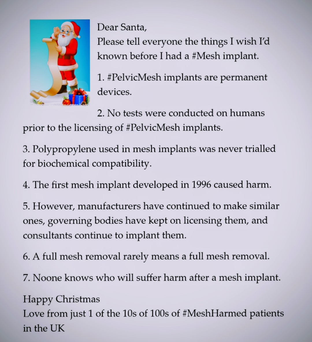 LouiseWhitemesh's tweet photo. Happy Christmas to everyone, particularly those suffering from a chronic health condition. #ValproateSurvivors #Primodos #PSSD #PIPActionA #IatrogenicallyHarmed https://t.co/H6HLPSTJ8s