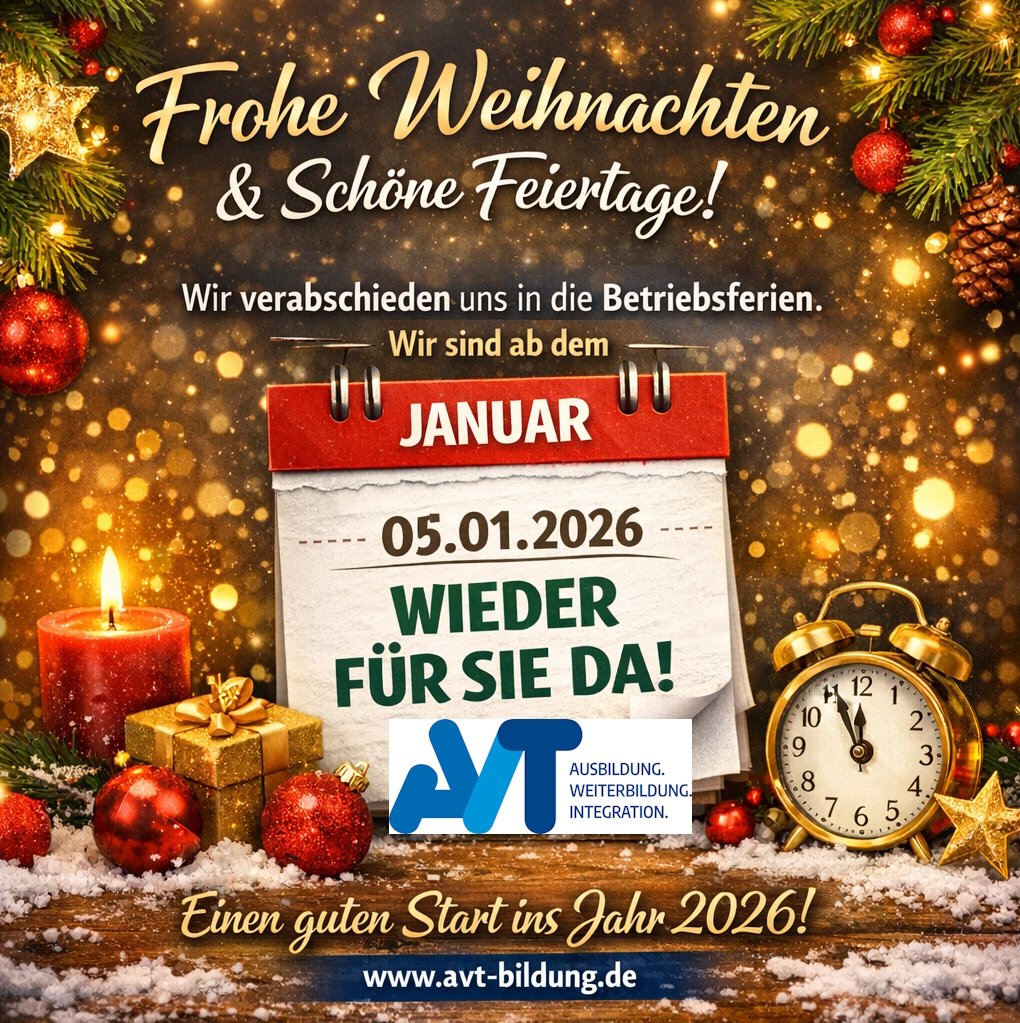 Wir wünschen allen Lehrgangsteilnehmenden, Kooperationspartnern sowie unseren Lehrkräften ein frohes und besinnliches Weihnachtsfest und erholsame Weihnachtsfeiertage.

Wir verabschieden uns in die Betriebsferien und sind ab dem 05.01.2026 wieder persönlich für Sie erreichbar.