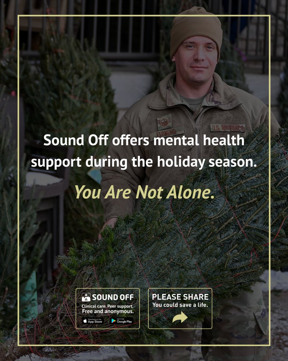 Holidays can be tough. If you need support, reach out. You're not alone. 
Learn more: sound-off.com/get-help/ 
#MentalHealth #Holidays #SoundOff #Veterans #MilitaryFamilies #EndStigma