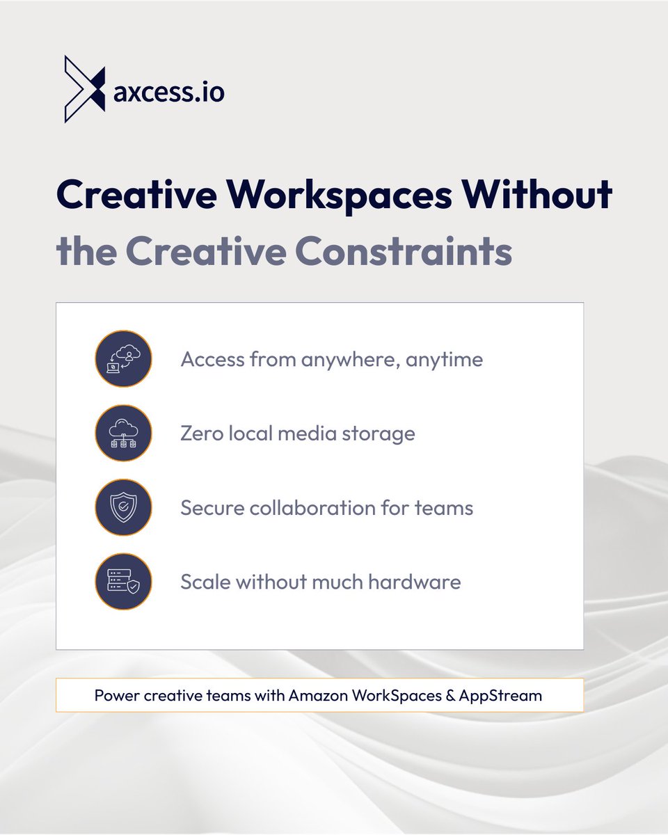 axcessio's tweet photo. Creative teams need freedom. IT teams need control.

With Amazon WorkSpaces and AppStream, media and entertainment organizations can deliver high-performance workspaces without risking valuable content.

#AxcessIO #AmazonWorkSpaces #AppStream #MediaAndEntertainment #AWSPartner https://t.co/Xiq4gYiNIs
