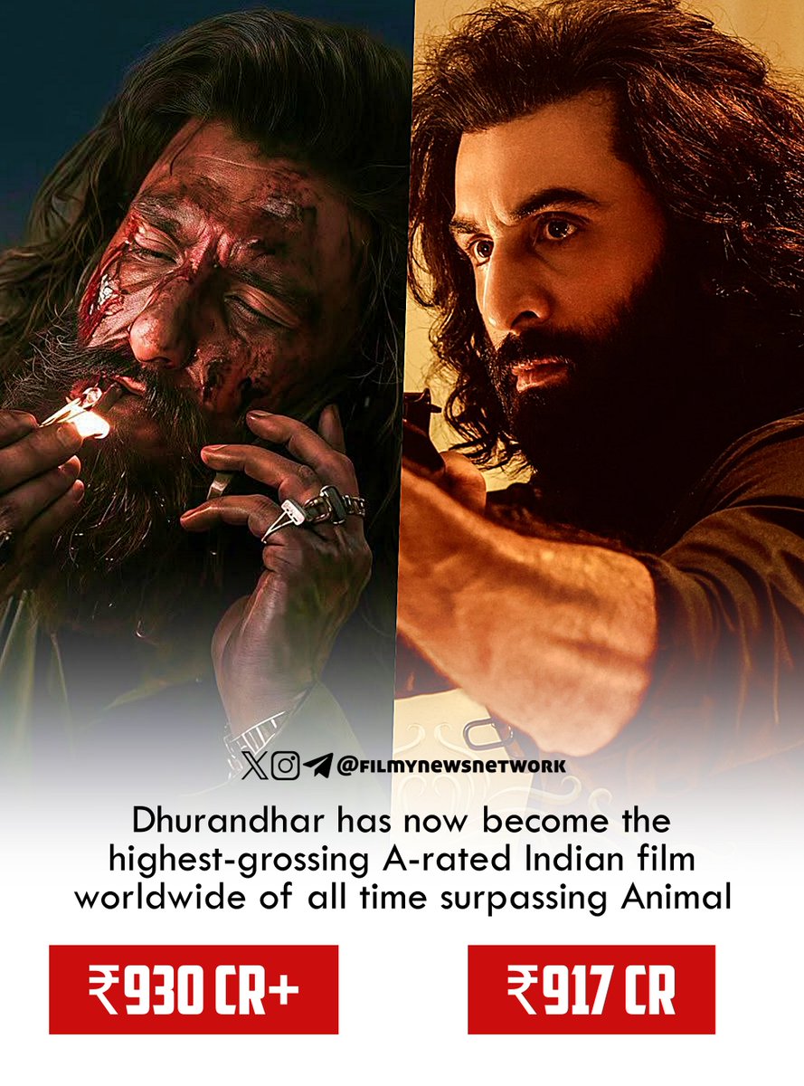 filmynewsnetwrk's tweet image. #Dhurandhar is now the highest-grossing A-rated Indian movie worldwide, surpassing #Animal.