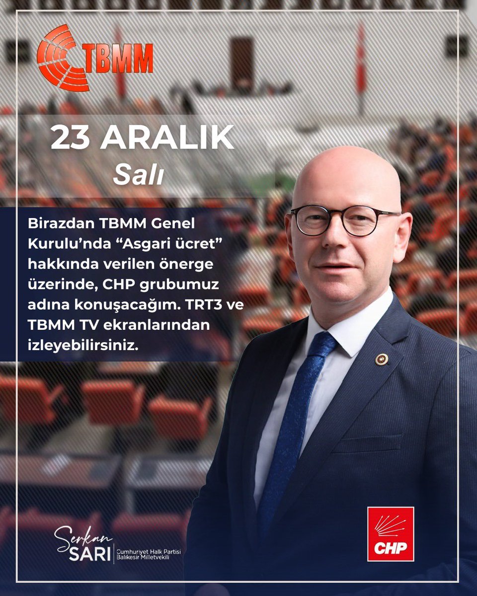 📌 Birazdan TBMM Genel Kurulu’nda “Asgari ücret” hakkında verilen önerge üzerinde, CHP grubumuz adına konuşacağım. TRT3 ve TBMM TV ekranlarından izleyebilirsiniz.