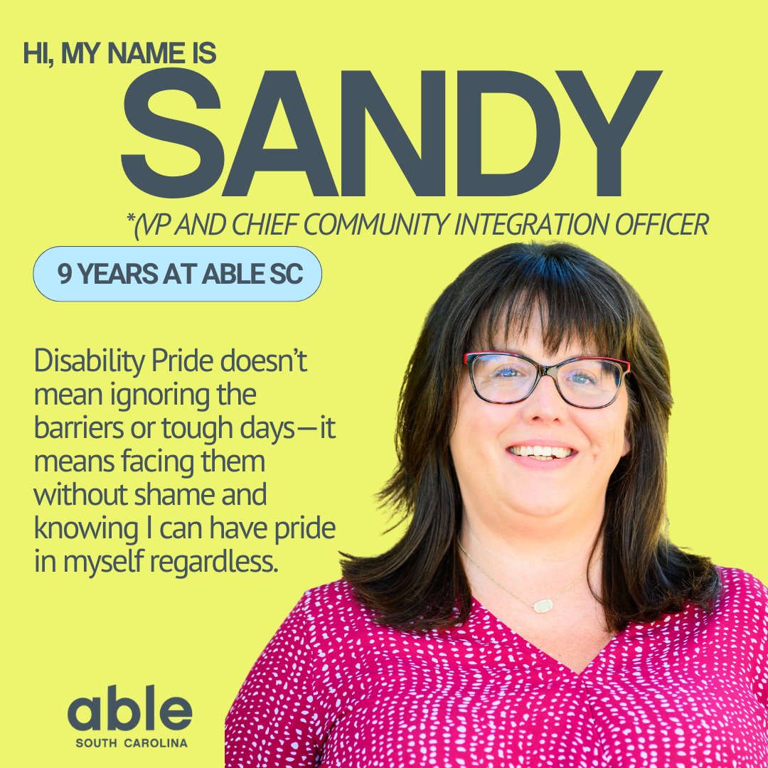 Able_SC's tweet image. We're celebrating Sandy's 9 years at Able SC!
"Disability Pride doesn’t mean ignoring the barriers or tough days—it means facing them without shame and knowing I can have pride in myself regardless."

#DisabilityEmployment #WorkAnniversary #Celebrate