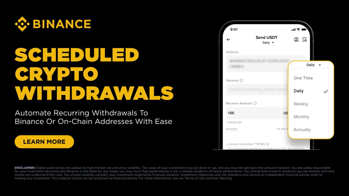 Take control of your crypto withdrawals with Recurring Send! Schedule  automatic transfers to Binance accounts or any on-chain address—making  asset management effortless and timely. Simplify your routine crypto  movements today 👉 https://t.co/zsieH2UX5c