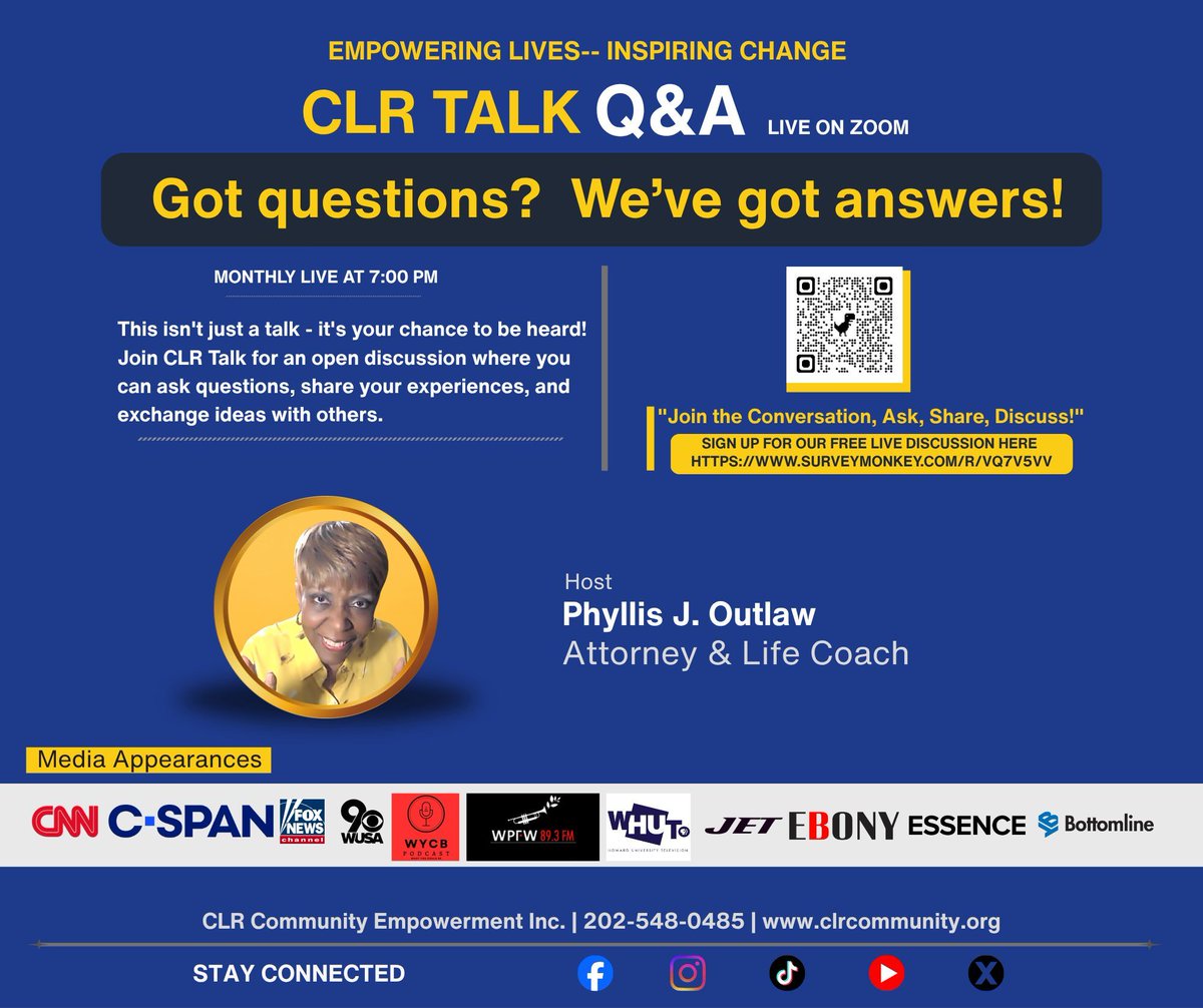 clrcommunity's tweet image. GOT QUESTIONS ABOUT RELATIONSHIPS, CAREERS, OR LIFE IN GENERAL? REGISTER FOR THIS "FREE" EVENT AT buff.ly/4WASks0. TOGETHER -- WE CAN #MAKEADIFFERENCE! FOLLOW US TO KEEP UPDATED CLR COMMUNITY D.C. #LIFELIVELIHOODLOVE #MOTIVATIONALMONDAY #WISDOMWEDNESDAY