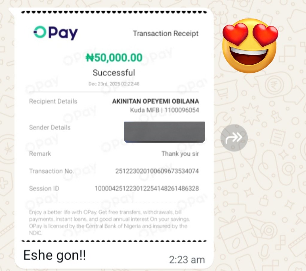 AObilana's tweet image. Out of excitement, one of my students sent me 50k to celebrate his success in the ICAN Nov 2025 diet exams 

Thank you T. 

Make I relax eat the work of my hands.