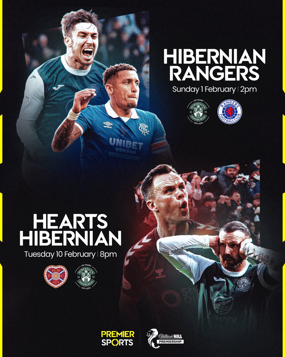 Two more MASSIVE Scottish Premiership games coming your way live on Premier Sports in February 🙌🏴󠁧󠁢󠁳󠁣󠁴󠁿

Including what could be a very important Edinburgh Derby as Hearts continue their bid for the title 💥