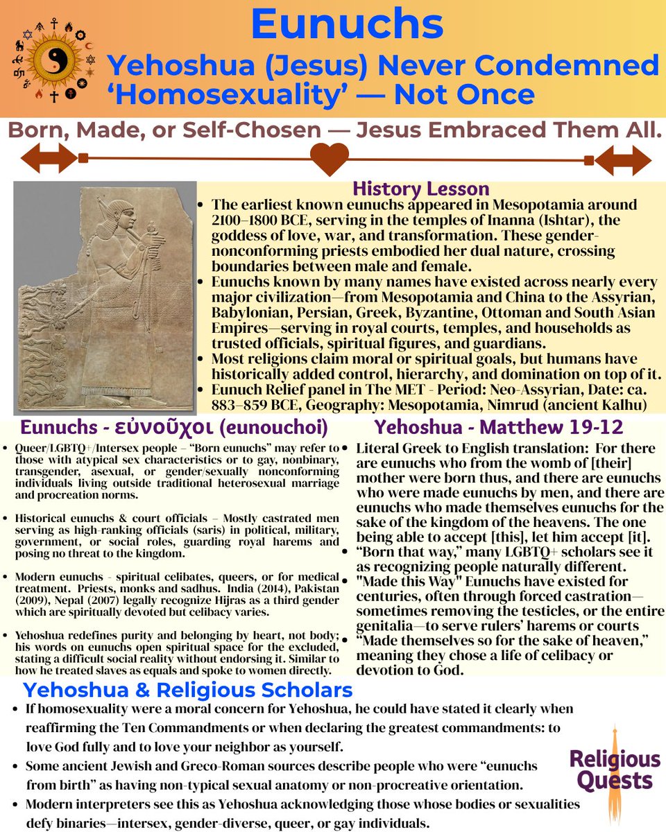 Yehoshua (Jesus) never condemned homosexuality — not once in the Gospels. If it was a moral concern for him, he could have said so plainly when he reaffirmed the Ten Commandments or when he declared the greatest commandments: to love God fully &amp; to love your neighbor as yourself.