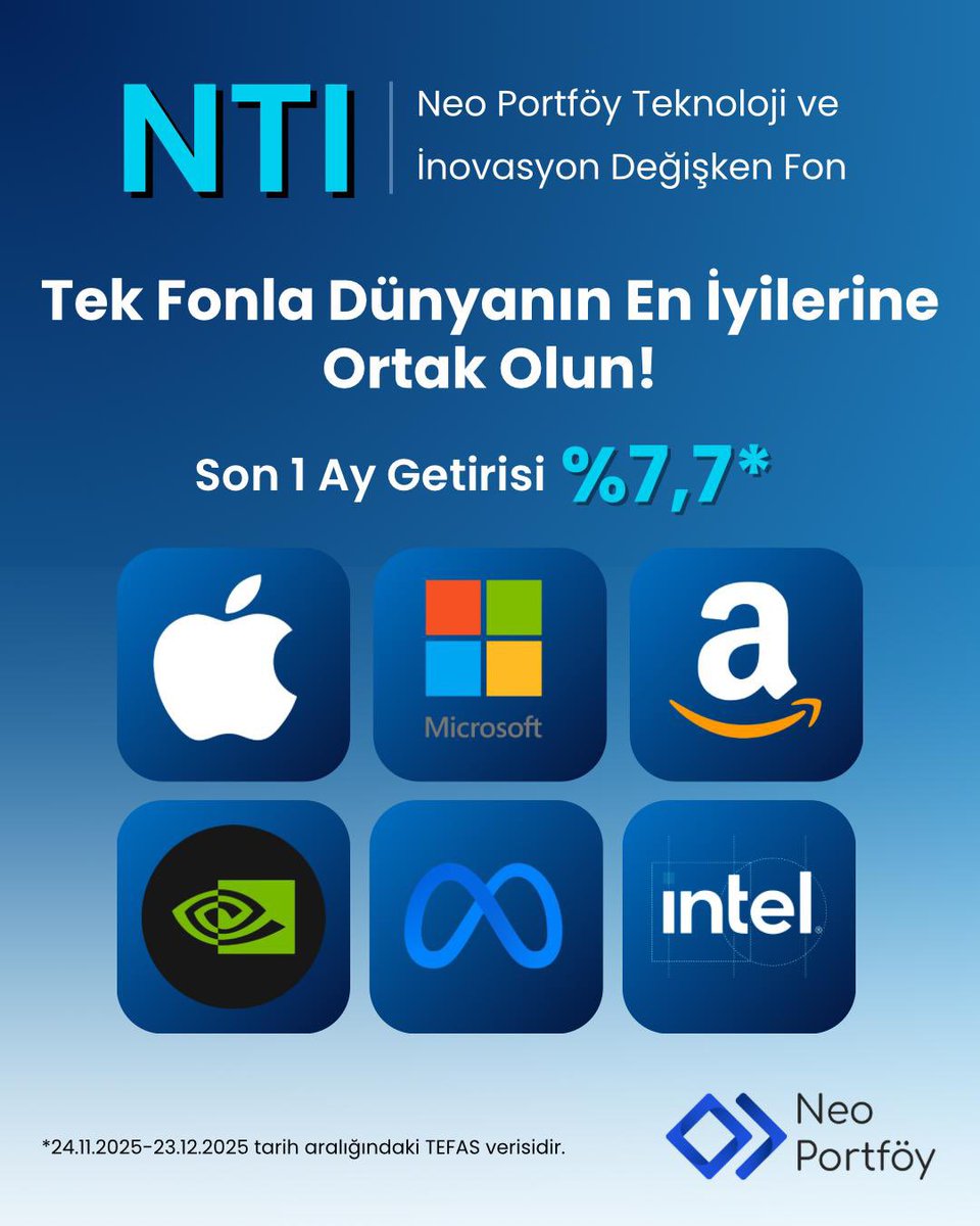 NEOPortfoyPlus's tweet photo. 🌍 NTI – Neo Portföy Teknoloji ve İnovasyon Değişken Fon

💼 Tek Fonla Dünyanın En İyilerine Ortak Olun!

📊 Fon; global teknolojik büyümeye aktif yatırım fırsatı sunar.

✨ NTI Fonu ile;

✅ Global İnovasyonun Geleceğine Ortaklık

✅ Teknolojik Dönüşümden Uzun Vadeli Getiri Hedefi

✅ Yapay Zekâ, Çip Teknolojisi, Dijital Finans gibi Alanlara Tek Fon Üzerinden Erişim

📌 Siz de banka veya aracı kurum uygulamanızdan, yatırım fonu işlemlerine girin, Neo Portföy Fonları arasından #NTI’yı seçin ve işlemi tamamlayın.

🖇 Detaylı bilgi için: https://t.co/s6qHclHWfS

#NTI #TeknolojiFonu #İnovasyon #NeoPortföy #GlobalTech #YapayZeka #Nasdaq #DijitalYatırım