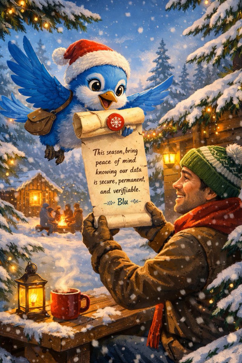 Adaptable191's tweet image. Blu darts through snowy Camp Haven branches carrying dozens of holiday messages while dodging squirrels tangled lights and laughing campers Somehow she never drops a letter delivering every message fast and right for @DataHaven_xyz 🐦❄️💙