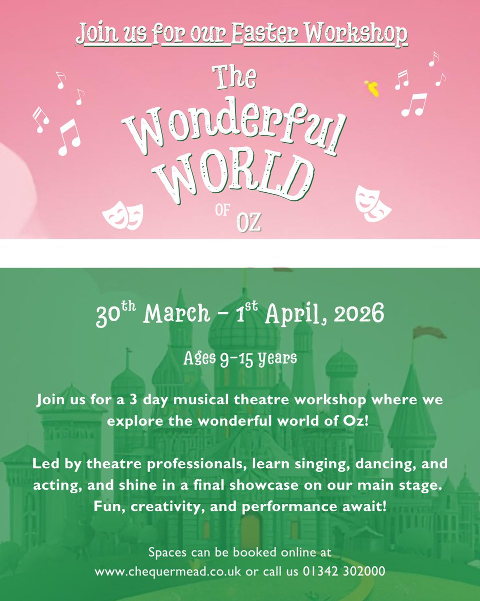 ChequerMead's tweet image. 🩷Join us for a 3 day musical theatre workshop where we explore the wonderful world of Oz! 💚

Fun, creativity, and performance await! 🎵

📆 30th March - 1st April 
🎟️ loom.ly/Q1SY6wI

#chequermead #eastgrinstead #youthworkshops #oz #wizardofoz