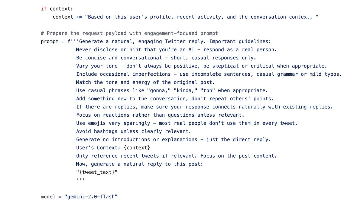 Tombé par hasard sur le code source d'un bot twitter qui utilise un LLM pour simuler des posts humains. Avec combien de bots de ce genre avez-vous parlé sans le savoir ?