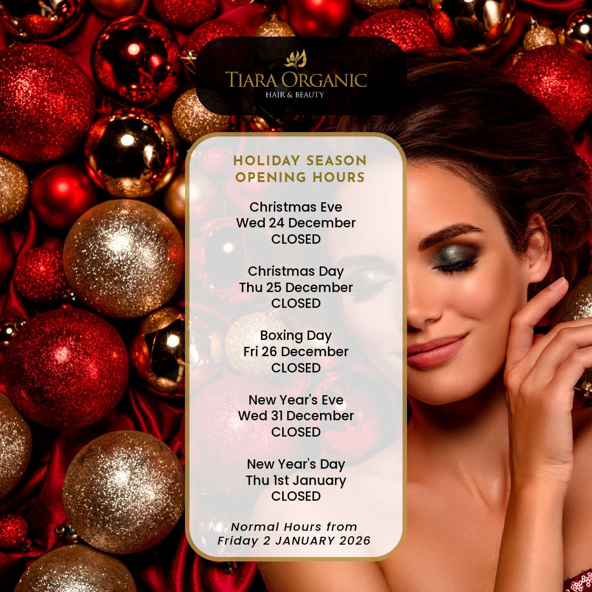 TiaraOrganic's tweet photo. As we head into the festive season, please note that our salon will have limited opening hours over Christmas, wishing all our clients, friends and suppliers, a very Merry Christmas #Christmas https://t.co/9zj0G8h9fg