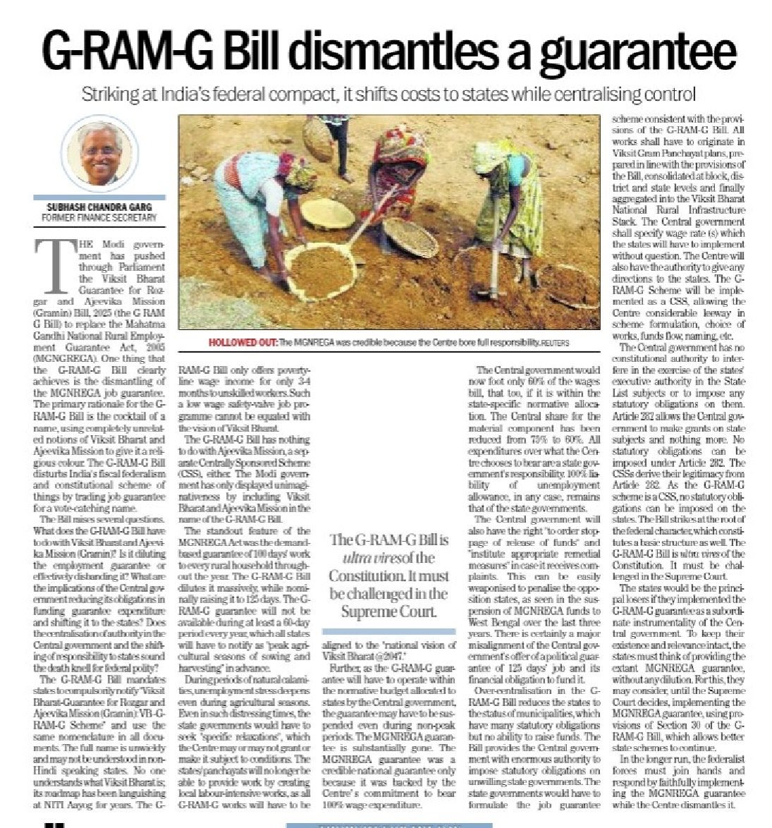 VG RAM G bill is an assault on India’s fiscal federalism besides substantially dismantling minimum survival job guarantee for rural poor. This needs to be challenged on its constitutionality. States should continue implementing MGNREGA guarantee until then. My oped in Tribune.