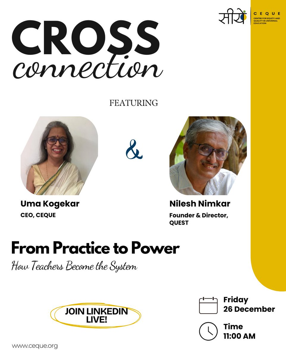 If you use Linkedin, please mark your calendars to attend a Linkedin Live conversation between
Uma Kogekar (CEO, CEQUE) and Nilesh Nimkar
'From Practice to Power - Howe Teachers Become the System'
Friday, 26 December 2025, at 11 AM.
<a href="/NileshNimkar6/">Nilesh Nimkar</a>