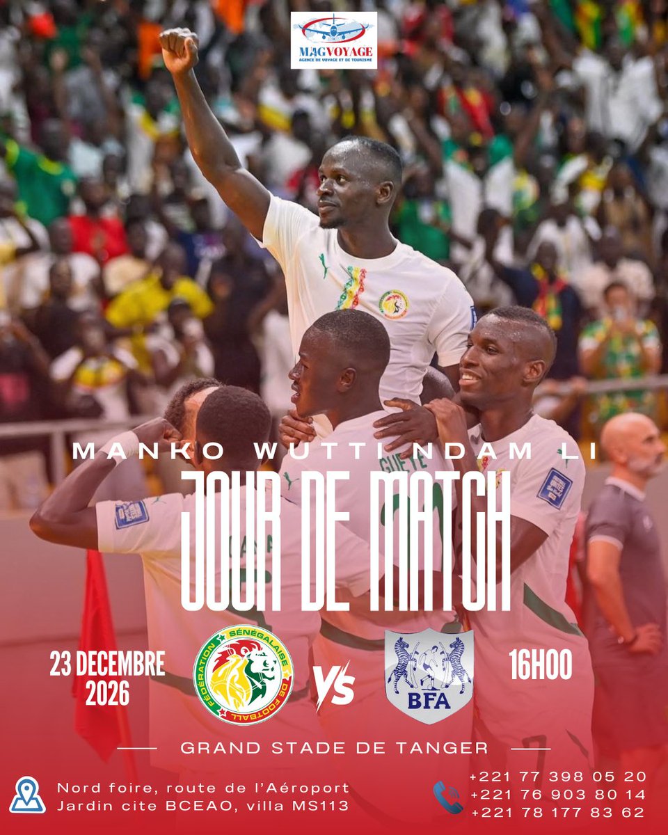 MAGVOYAGE24's tweet photo. Gaïnde mooy buuru aal bi🦁 Gaïnde du rëb di sooy🦁🇸🇳
𝙅𝙊𝙐𝙍 𝘿𝙀 𝙈𝘼𝙏𝘾𝙃🇸🇳⚽
🔥 MAGVOYAGE souhaite bonne chance à nos Lions !
Fiers de vous, derrière vous jusqu’à la victoire 🦁💚💛❤️

#CAN2025 #LionsDeLaTeranga #Senegal #Mankowuttindamli #MagVoyage #FiersDeNosLions https://t.co/DrztDsUBUI