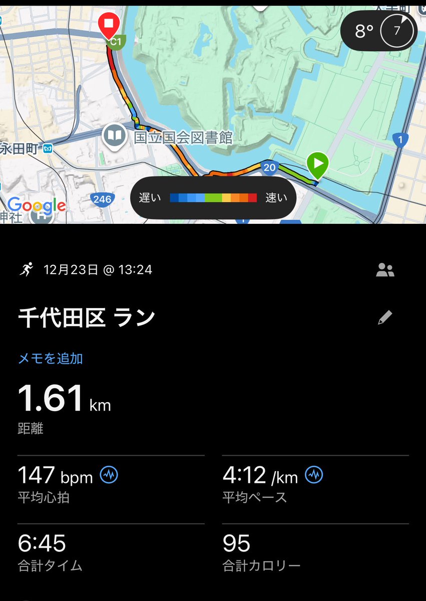 ym_long_run's tweet image. 12/23(火)
7kmPR +1.6km down

毎度のこと距離踏むためにはペース上げればいいというトンチキ理論。

相変わらず3’20”はきついが、新コースで走ったこともあり、1か月もあれば慣れると思う。

昼休み皇居走ってる方、バリエーションの増やす方法を教えてください。