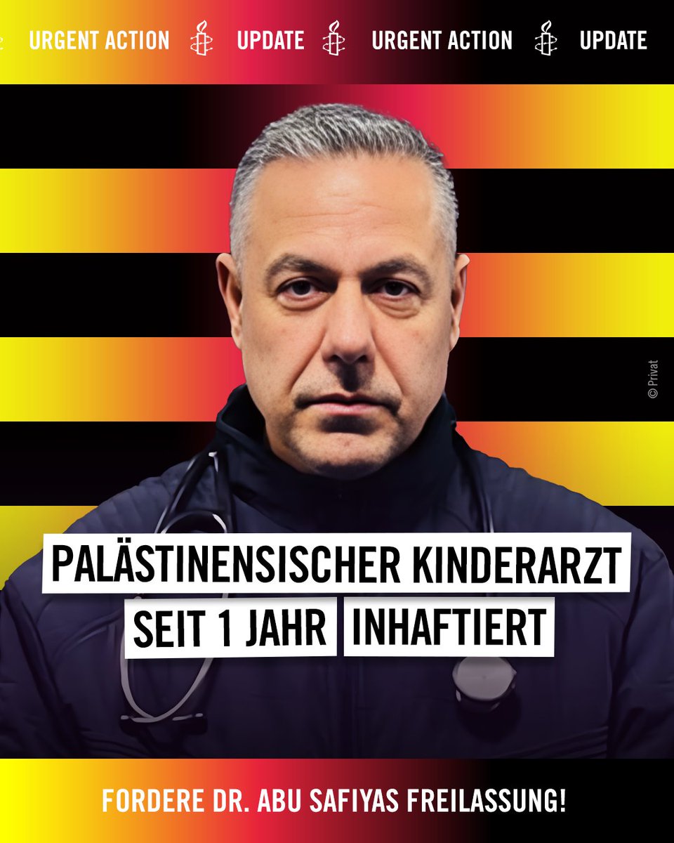Israel hält den palästinensischen Kinderarzt Dr. Hussam Abu Safiya seit einem Jahr ohne Anklage unter harten Bedingungen fest. Er wurde verhaftet, als das israelische Militär das Kamal-Adwan-Krankenhaus stürmte.

Fordere seine sofortige Freilassung! bit.ly/3YLC1s1