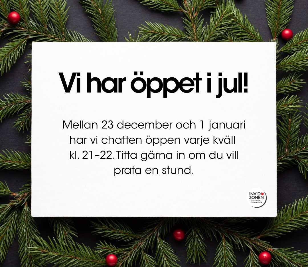 Vi har öppet i jul 🤍 I chatten pratar du med en medmänniska som lyssnar och alla vi som sitter i chatten har tystnadsplikt. 

Chatten hittar du på Invidzonen.se