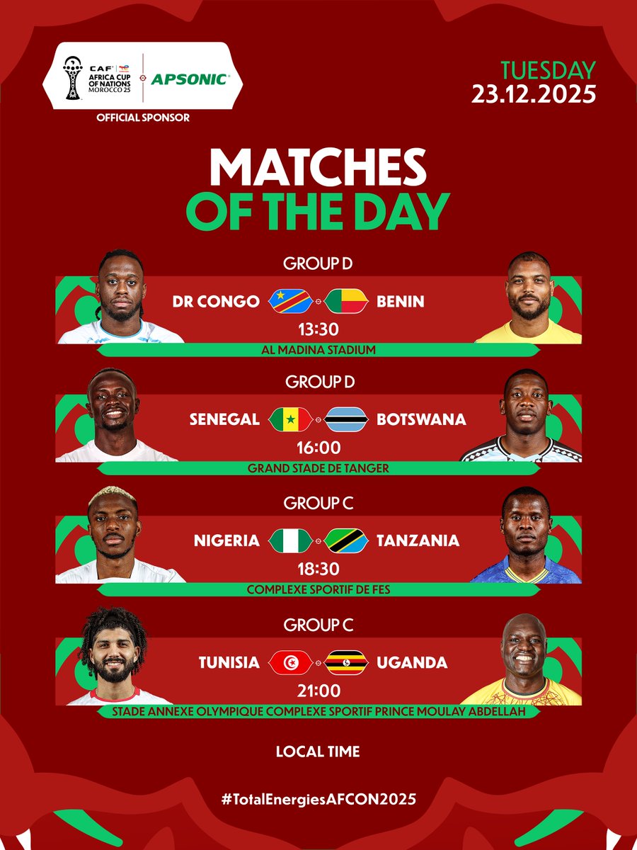 Four matches on the agenda at #TotalEnergiesAFCON2025. Who sets the tone today? 🔥

<a href="/APSONIC_Africa/">APSONIC.Africa</a>