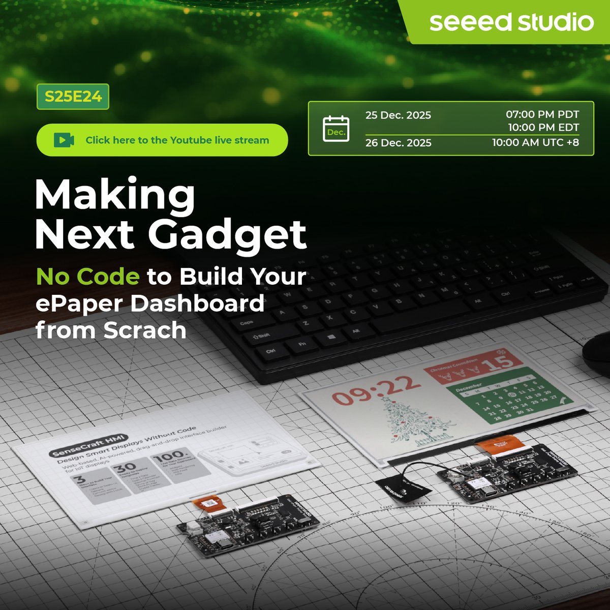 Tired of writing endless lines of code just to build a dashboard? 🎄This  holiday season, design stunning UIs with the newly upgraded Sensecraft HMI  + XIAO ePaper DIY Kit without any code.