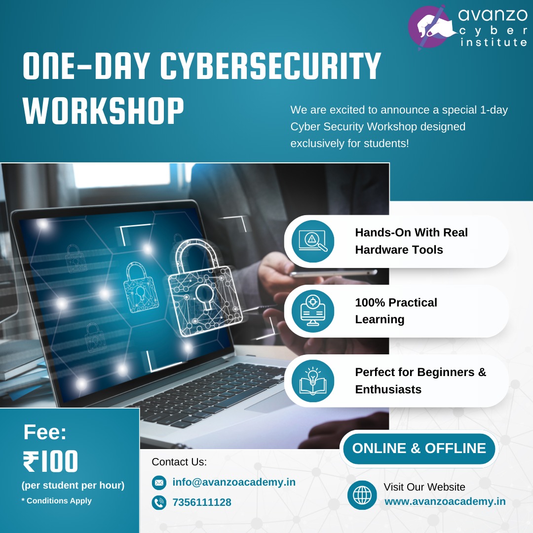 AcademyAva69279's tweet image. 🔐 Kickstart your cybersecurity journey!
One-day hands-on workshop for students — real tools, real learning.

Online &amp;amp; Offline | ₹100/hr*

🌐 avanzoacademy.in

#CyberSecurity #StudentWorkshop #HandsOnLearning #AvanzoCyberInstitute