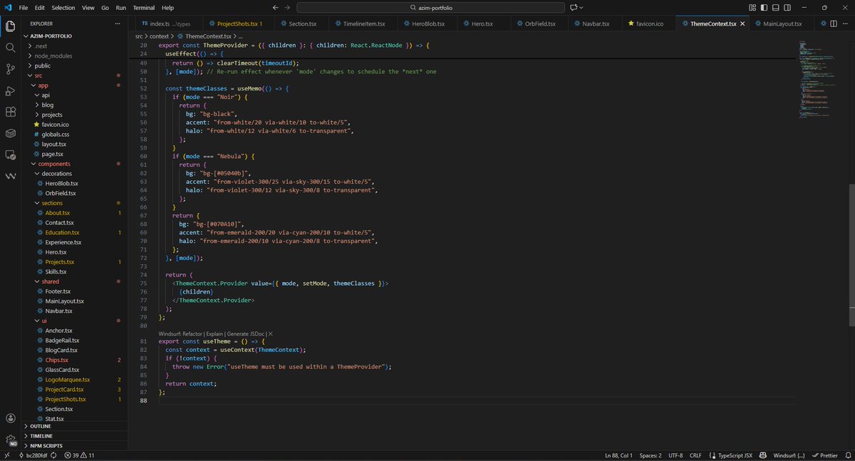 AzimKrishna's tweet image. Day 2: Revamping my portfolio website🚀

&amp;gt; Setting up the theme architecture. Decided to use React Context to inject Tailwind classes instead of just swapping CSS variables. Allows for total structural changes, not just colors.

Overkill for a personal site?

#BuildInPublic